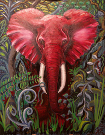 Den röda elefanten - oljemålning av en röd 
                            elefant i grön djungel - Konstnär Eva Bergman