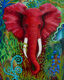 Den stora röda elefanten - oljemålning av konstnär Eva Bergman